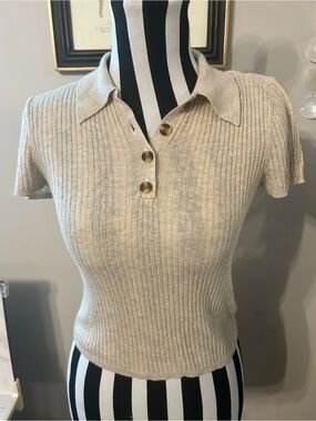 Marled Classic Ribbed Polo Crop Top in Beige